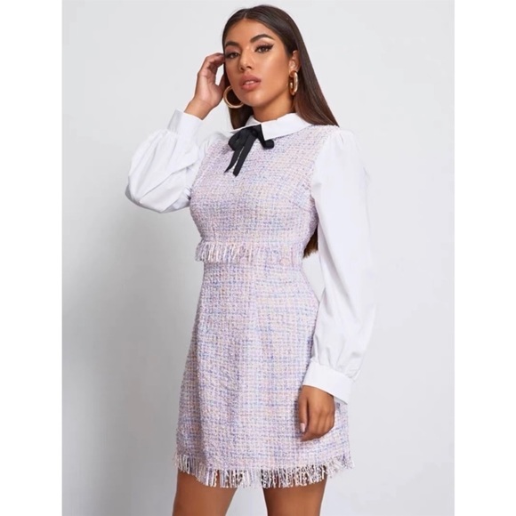 Knotted Detail Frayed Trim 2 In 1 Tweed Dress - Picture 4 of 7